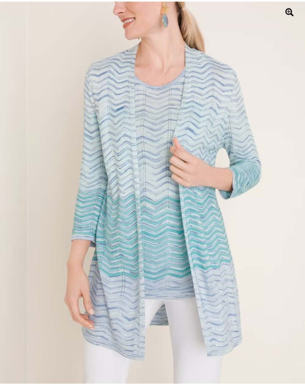 CHICOS Blue Wavy Striped Open Long Cardigan // S